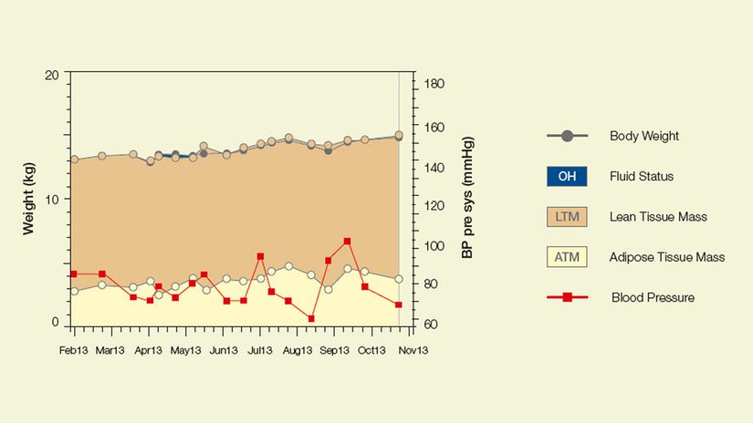 Chart of body composition development and blood pressure